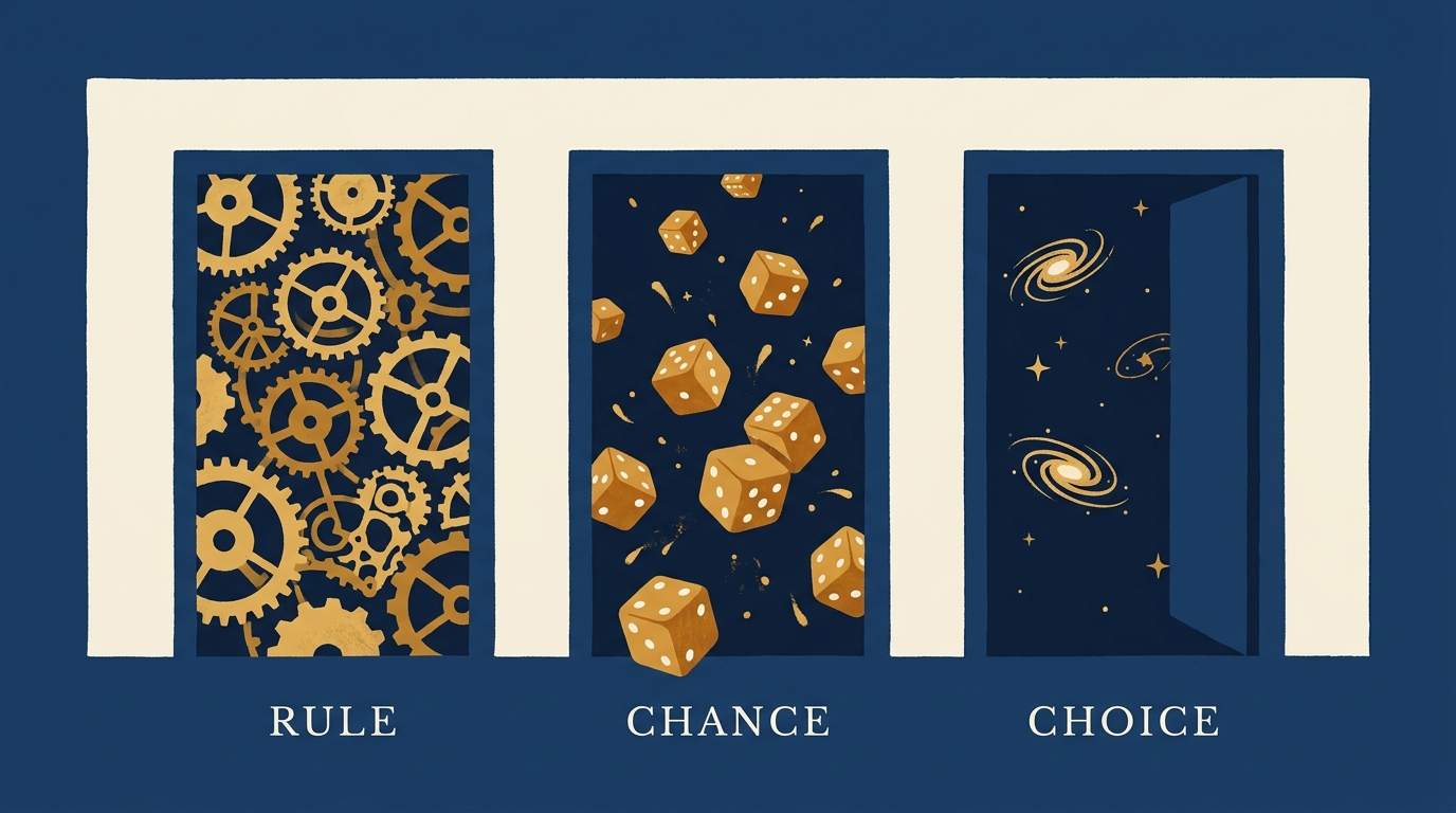 Three ways to settle what becomes actual: rule and chance are ruled out, choice remains.