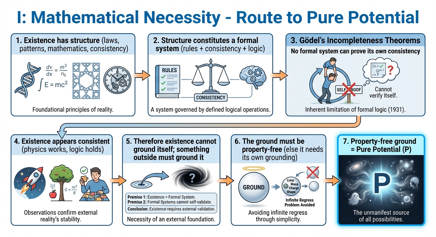 Route I: Mathematical Necessity - Existence has structure, structure is a formal system, Gödel proves it cannot self-ground, therefore pure potential is required