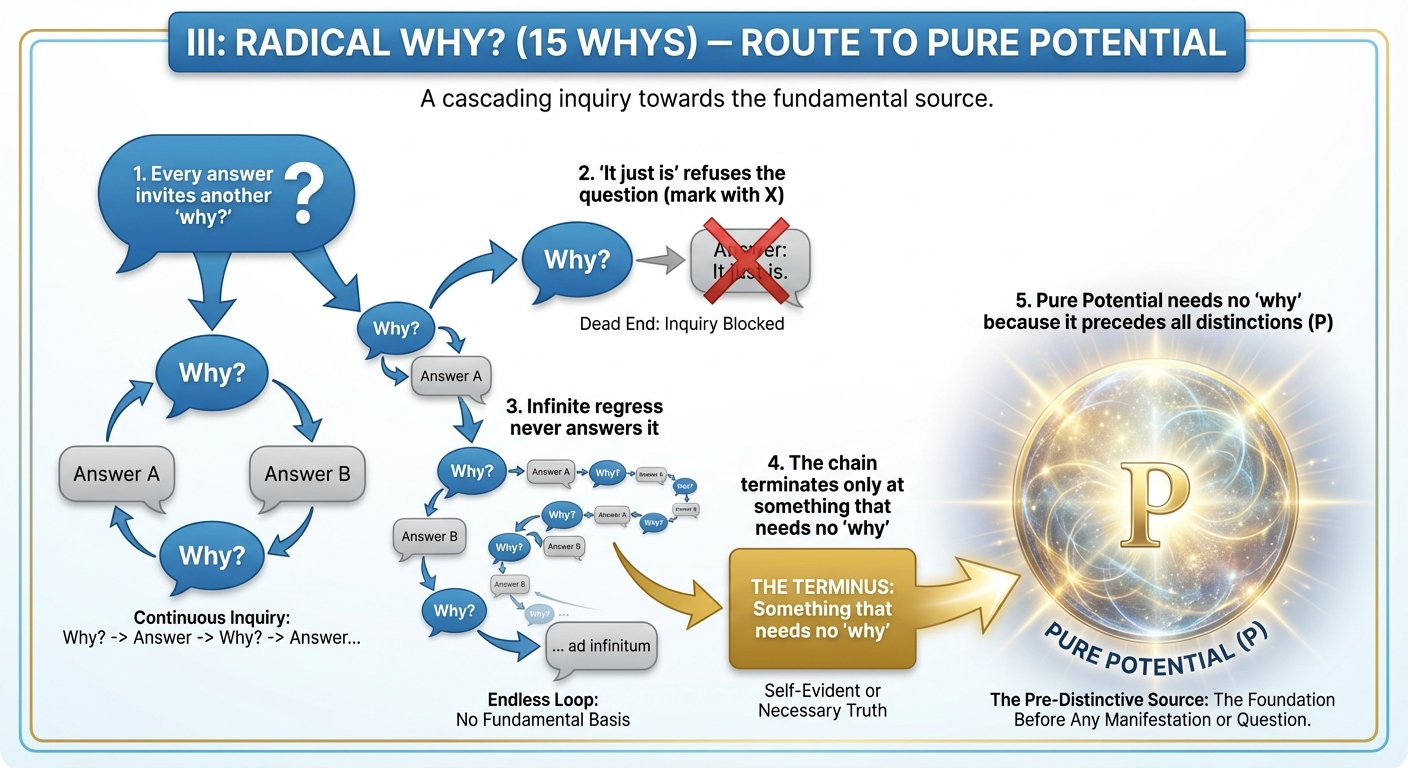 Route III: Radical Why - Every answer invites another why, chain terminates only at pure potential which precedes all distinctions