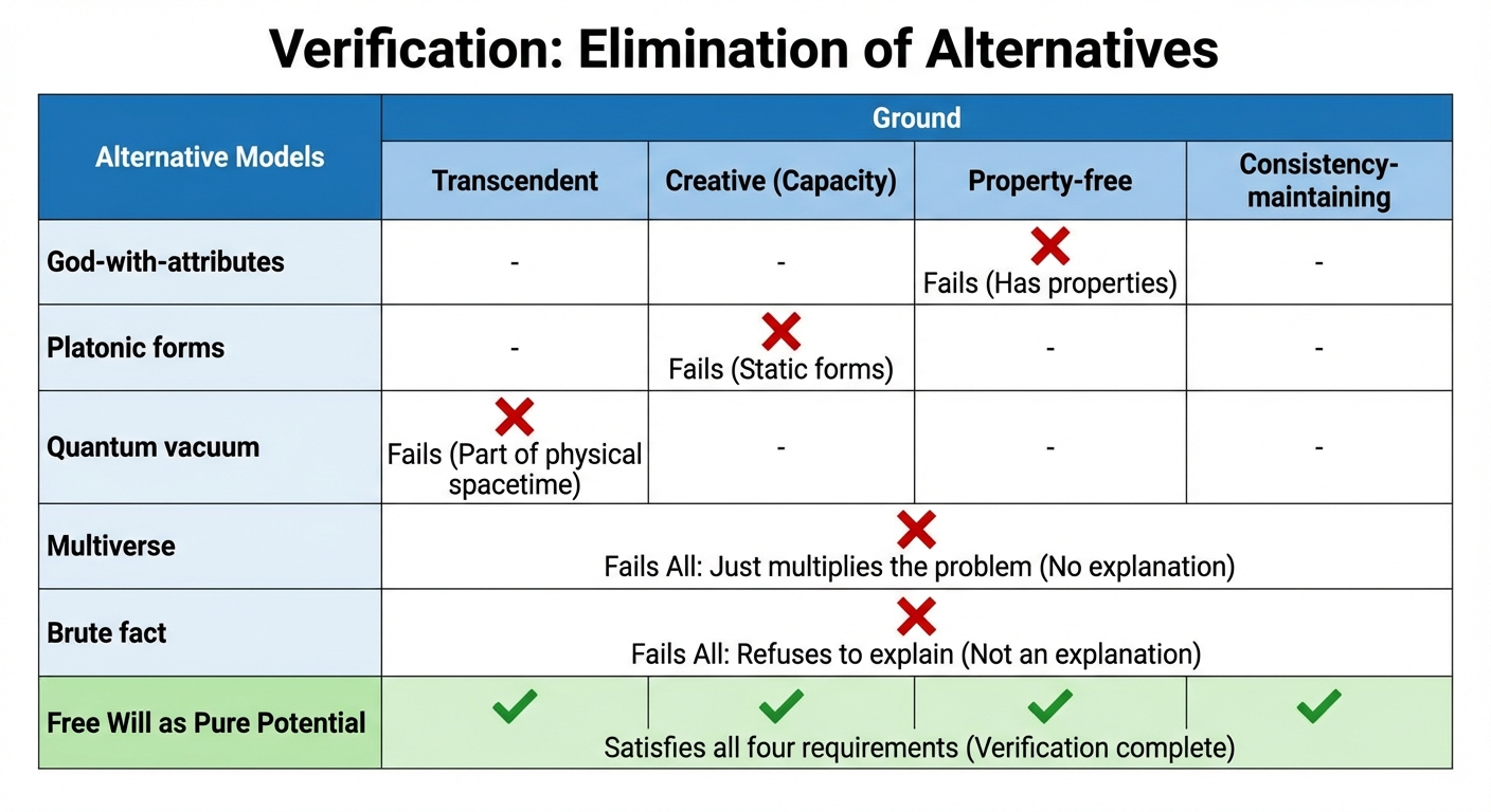Verification: God-with-attributes, Platonic forms, quantum vacuum, multiverse, and brute fact all fail. Only free will as pure potential satisfies all four requirements.